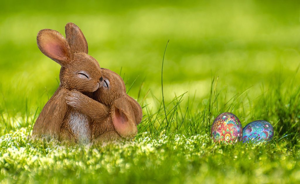 Two easter rabbits hugging in the grass, next to a pair of easter eggs.